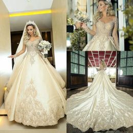 Dresses Luxurious Cathedral Train Wedding Dresses With Illusion Long Sleeve Embroidered Beaded Sheer Jewel Champagne Wedding Gowns Bridal