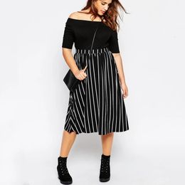 Plus Size High Elastic Waist Casual Striped Skirt Black And White Summer Spring Elegant Fashion Aline Midi 5XL 6XL 7XL 8X 240328