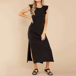 Casual Dresses 2024 Summer Solid Maxi Dress O Neck Side Split Sexy With Butterfly Sleeve Beach Vocation Party Elegant Evening Robe