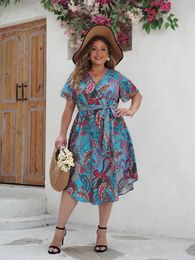 Women Summer Paisley Long Dress V Neck Short Sleeve Floral Print Boho Beach Curvy Woman Plus Size Clothing 240326