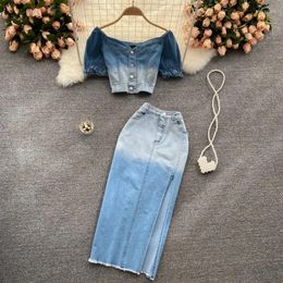 Work Dresses Two Piece Set Summer Denim Skirts Suits For Women 2024 Gradient Color Sexy Crop Tops And High Waist Split Skirt Outfit
