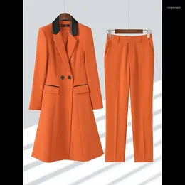 Women's Two Piece Pants Women Formal Pant Suit Autumn Winter High Quality Orange Black Long Blazer Jacket Business Work Wear Office Lady