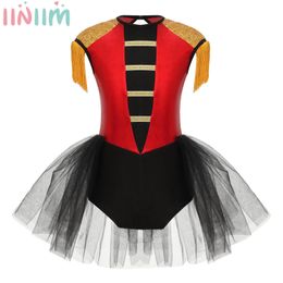 Kids Girls Circus Ringmaster Costume Ringleader Showman Dance Stage Performance Tutu Dress Leotard Halloween Cosplay Uniform 240401