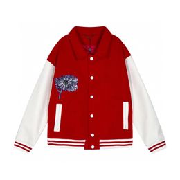 Men women turf embroidery Woollen patchwork baseball uniform coat Red Striped Single Breasted Flocking Leather sleeves turndown collar embroidery letter Jacket