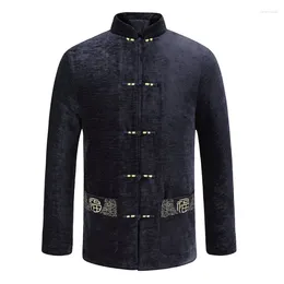 Men's Jackets Winter Men Tunic Coat Chinese Fu Character Embroidery Tangzhuang Jacket Thick Fleece Lining Thermal Outfits Oriental Garment