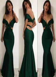 Sexy Off Shoulder Dark Green Evening Gowns 2017 Satin Mermaid Backless Prom Dresses Saudi Arabia Women Formal Wear Cocktail Party 6660548