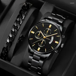 Wristwatches Men Business Casual Watch Fashion Mens Stainless Steel Watches Luxury Quartz Wristwatch Calendar Date Bracelet Set