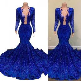 Dresses 2022 Sexy African Sparkly Sequined Lace Prom Dresses Royal Blue Illusion Long Sleeves Sequins Mermaid Plus Size Pageant Party Dres