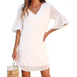 Party Dresses Fashion Elegant Casual Loose Summer Women Short Sleeve White Chiffon Dress Woman A Line V-neck Mini Vestidos 21987