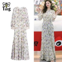 Casual Dresses Tingfly Women Clothings Spring Summer Floral Print Midi Long Dress Lady Vintage Elegant Streetwear