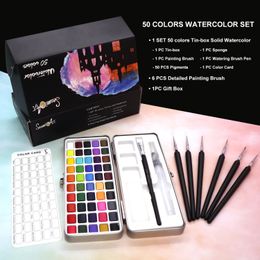 SeamiArt 50Color Solid Watercolour Paint Set Portable Metal Box Painting Pigment for Beginner Drawing Colours Palette Art Supplies 240318