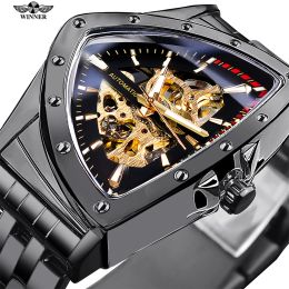 Kits WINNER Men Skeleton Watches Irregular Triangle Automatic Mechanical Watch Stainless Steel Fashion Luminous Pointer Wristwatches