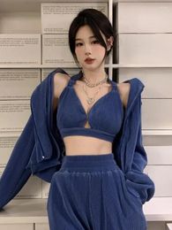 Women's Two Piece Pants Y2k Fashion Blue Three Pieces Sets Women Cropped Tank Top Hoodie Casual Wide Leg Korean 2024 Sexy Elegant Outfits