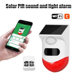 Detector Tuya WiFi Solar Powered Infrared Motion Sensor Detector Siren Strobe Alarm System Waterproof For Home Yard Outdoor Security