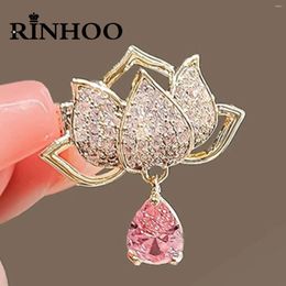 Brooches Rinhoo Luxurious Rhinestone Lotus Flower Brooch Pins For Women Pink Crystal Waterdrop Floral Enamel Badge Plant Corsage Jewellery