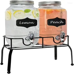 Bowls Gallon Double Glass Mason Jar Dispenser On Metal Stand With Spigot And Embossed Chalkboard Chalk | Two Pitchers S