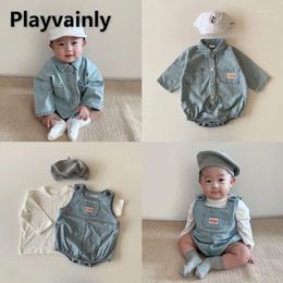 Clothing Sets Korean Style Spring Baby Girl Boy Bodysuit White Long Sleeve T-shirt Turn-down Collar Denim Toddler Clothes E2315