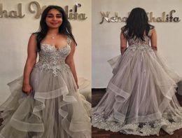 Stunning Light Grey Lace applique Prom formal Dresses Sweetheart Neck Beaded Evening pageant Gowns Tiered puffy Skirt6315337