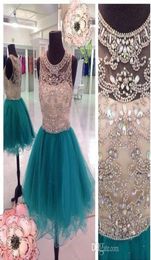 2016 New Short Homecoming Dresses Jewel Neck Hunter Teal Tulle Crystal Beaded Illusion Short Mini Party Graduation Formal Cocktail4925020