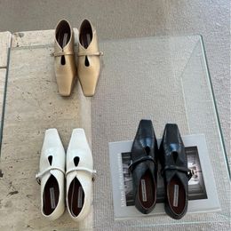 Casual Shoes Fashion One Line Belt Soft Leather Square Head Low Thick Heel Ol Commuter Work Small Women's Single