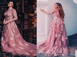 Fashon Blush Pink Tulle Long Sleeves Aline Prom Dresses With Lace Appliques Belt Backless Sheer Neck Long Evening Gowns vestido6461725