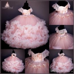 Dresses vintage blush real image Flower Girl Dresses Beaded Hand Made toddler infant Flower Communion Dress Lace Up Ball Gowns For Kids