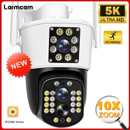 Cameras 5K HD WiFi IP Security Camera Outdoor 10X Hybrid Zoom Three Lens Dual Screen PTZ Surveillance Cam Ai Tracking Mini Video CCTV