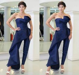 Fashion Royal Blue Pantsuit Prom Dresses Strapless With Overskirt Evening Gowns Vestidos De Fiesta Organza Party Cocktail Dress1210006