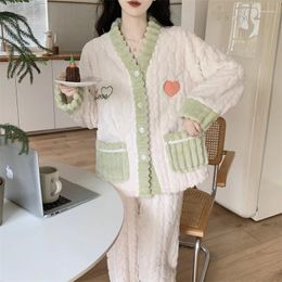 Home Clothing Coral Velvet Long Sleeve Warm Pajamas Two Piece Set Casual Loose Loungewear Fashion Cardigan Sleepwear Pants Women Cartoon