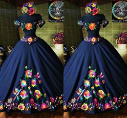 2022 Fashion Charro Mexico Quinceanera Dresses Navy Blue Embroidered Off The Shoulder Satin Corset Back Sweet 15 Girls Prom Dress 3254534