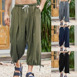 Men's Pants Casual Solid Ankle Length Men Drawstring Pocket Lace Up Hem Pant Loose Vintage Trouser Wide Legs Trousers Male