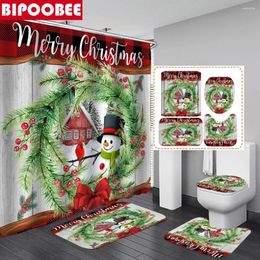 Shower Curtains Merry Christmas Curtain Set Cute Snowman Bath Mats Holiday Decorations Bathroom Xmas Non-Slip Rugs Toilet Cover