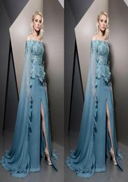 Fashion Front Split Evening Dresses With Cape Beaded Off The Shoulder Prom Gowns Vestidos De Fiesta Sweep Train Satin Appliqued Fo1247607