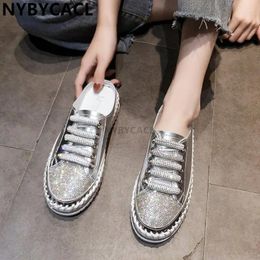 Casual Shoes Crystals Round Toe Leather Flats Women Silver Bling Loafers Couple Platform Woman Flat With Students Size 41 42 43