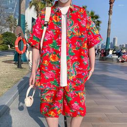 Men's Tracksuits Chinese Type Big Floral Design Summer Beach Suit Single Breasted Shirt Oversized Short Sleeves With Shorts Sets 5XL