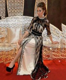 Luxury Black Lace Kaftan Evening Dresses with half Sleeves Beaded Crystal Caftan Dubai Arabia Long vestido longo8969761