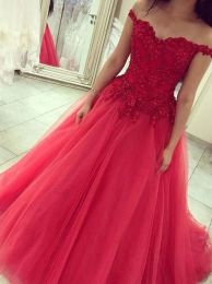 Dresses EyeCatching Red Ball Gown Prom Dresses Sexy Sweetheart Off Shoulder Backless Evening Dresses Lace Appliques Beads Tulle Quinceane