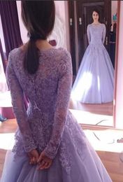 Long Sleeves Lilac Ball Gown Modest Prom Dresses Sleeves Beaded Lace Appliques Formal Evening Party Gowns Corset Seniors Prom Gown7010168