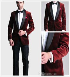 Burgundy Velvet Slim Fit 2016 Groom Tuxedos Wedding Suits Custom Made Groomsmen Man Prom Suits Black Pants JacketPantsBow3739252