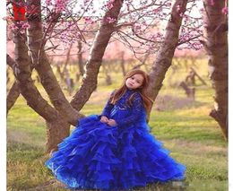 New A Line Royal Blue Girl039s Pageant Dresses with Tiered Skirt Long Sleeves High Neck Organza Flower Girl Dress Kids Formal W3740938