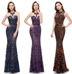 Dresses Desinger Mermaid Lace Evening Dresses 2023 New Sexy Backless Sheer Jewel Neck Appliques Sequins Long Party Prom Gowns Bridesmaids