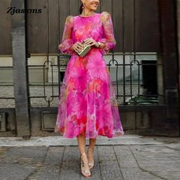Autumn Women Evening Dress Elegant Female Casual Gauze Floral Printed Spring Lady O Neck 34 Puff Sleeve Swing Party 240401