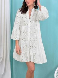 Casual Dresses Edhomenn Women S Beach Cover Ups Embroidery Lace Shirt Dress Eyelet Hollow Out Long Sleeve Front Button V-Neck Loose Midi