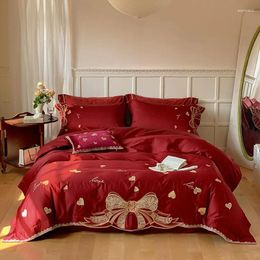 Bedding Sets Wine Red Chic Duvet Cover Set Luxury 1000TC Egyptian Cotton Embroidery 4Pcs Ultra Soft Bed Sheet Pillowcases