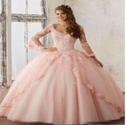 Baby Pink Quinceanera Dresses Lace Long Sleeve VNeck Appliqued Ball Dresses Sweet 16 Princess Pageant Dress For Girls2163749