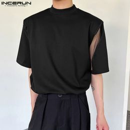 INCERUN Men T Shirt Mesh Patchwork O-neck Short Sleeve Streetwear Stylish Tee Tops Summer Korean Style Men Clothing S-5XL240402