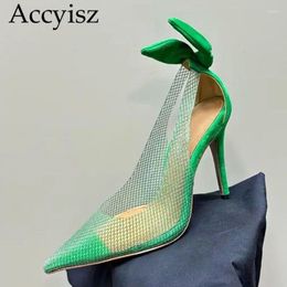 Dress Shoes Spring And Autumn Mesh Pointed Single Women's Bow Decorative Flat Shallow Mouth Fashion High Heel Sandals 2024