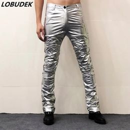 Spring Men Pleated Trumpet Leather Pants Skinny Fit Elastic Fashion PU Leather Trousers Motorcycle Pants For Bar Singer Costume 240326