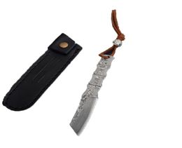 High Quality Small Damascus Fixed Blade Knife VG10 Damascus Steel Tanto Point Blades Full Tang Bamboo Handle With Leather Sheath4842605