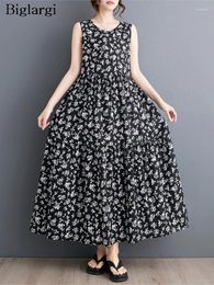 Casual Dresses Oversized Sleeveless Vests Summer Long Dress Women Flower Print Fashion Ruffle Ladies Pleated Loose Woman